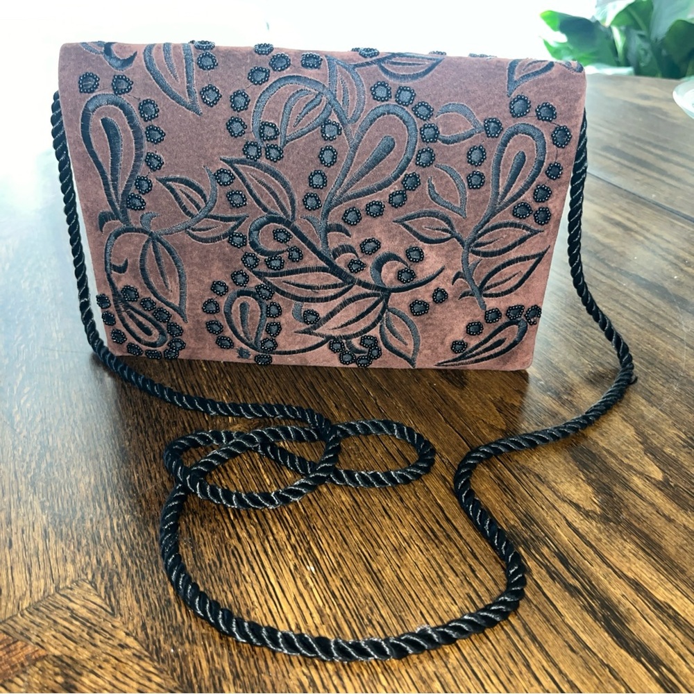 Timmy Woods Brown and Black Crossbody Bag with Intricate Detailing